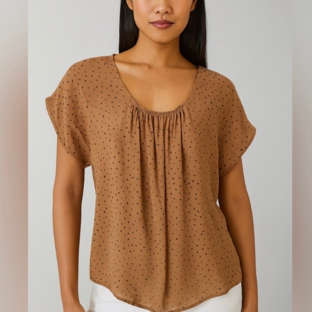 Aritiza Silk tan blouse with dianty black print. S